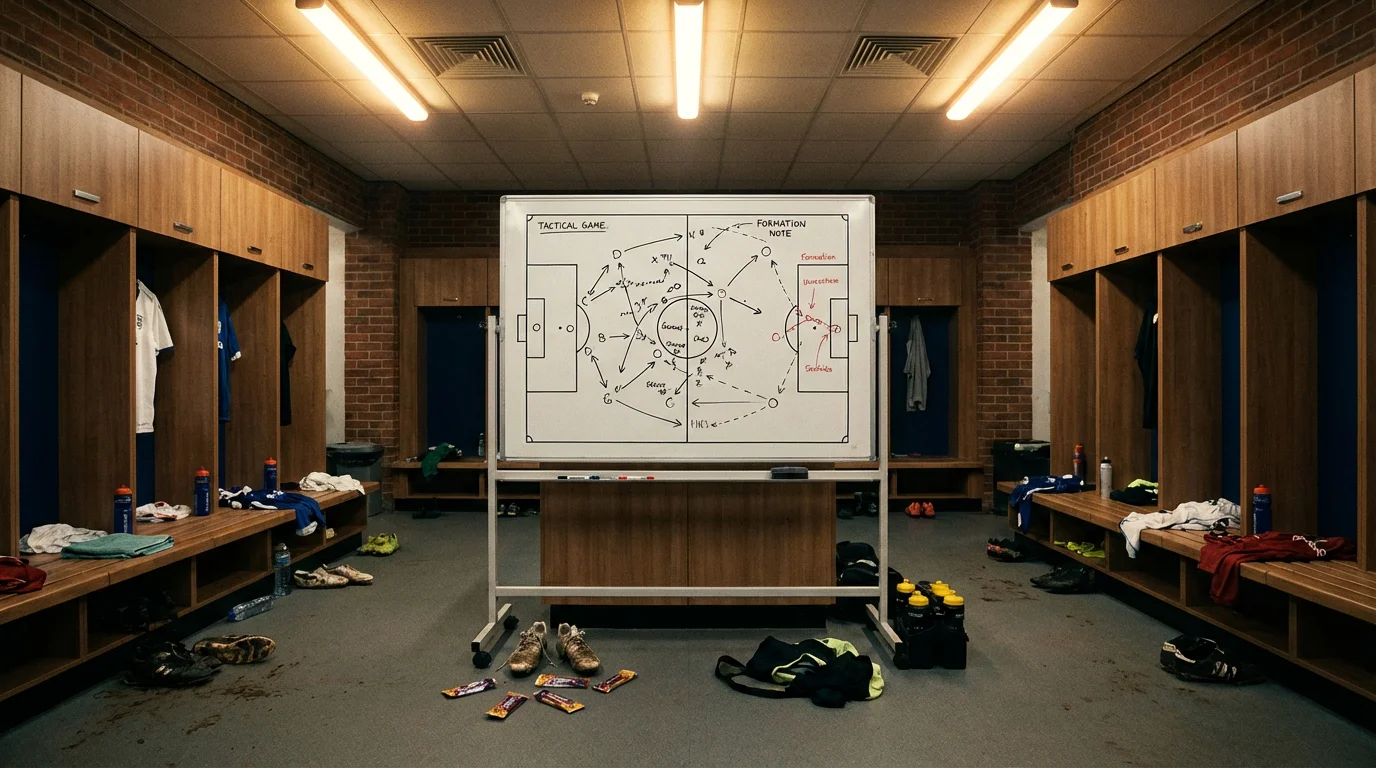 Apuestas al descanso en fútbol: vestuario con pizarra táctica durante el medio tiempo