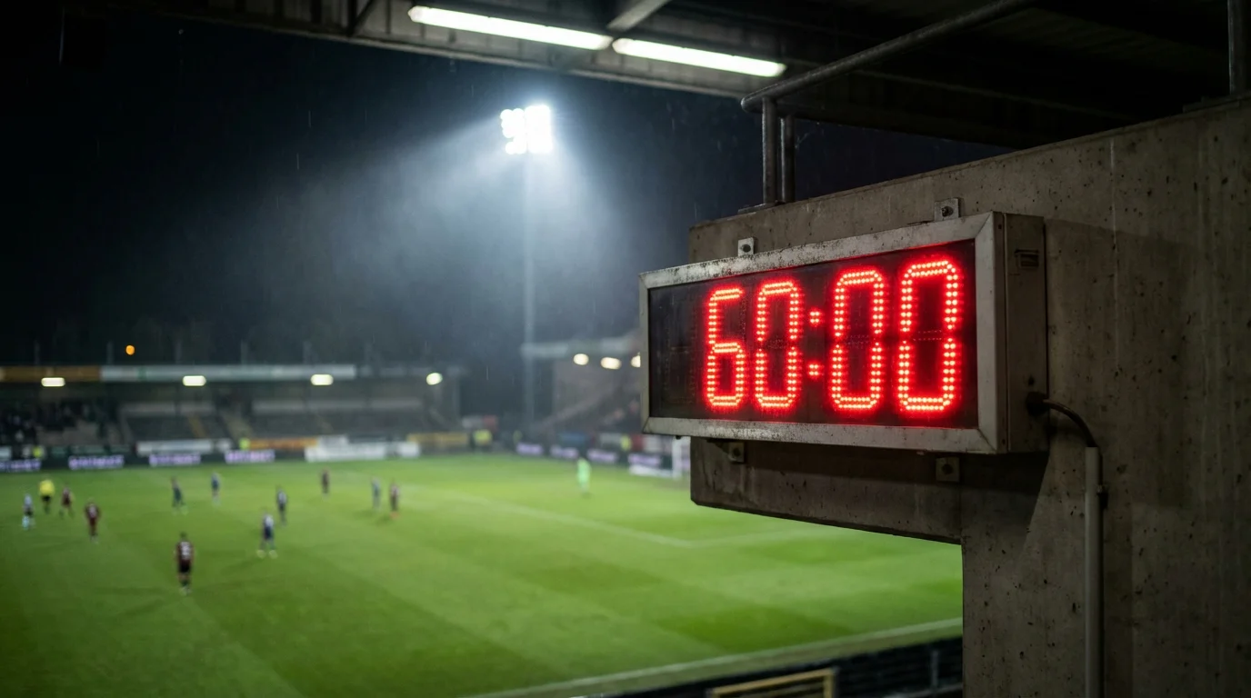 Apuestas en directo en fútbol: reloj de estadio marcando el minuto 60 con el campo de fondo