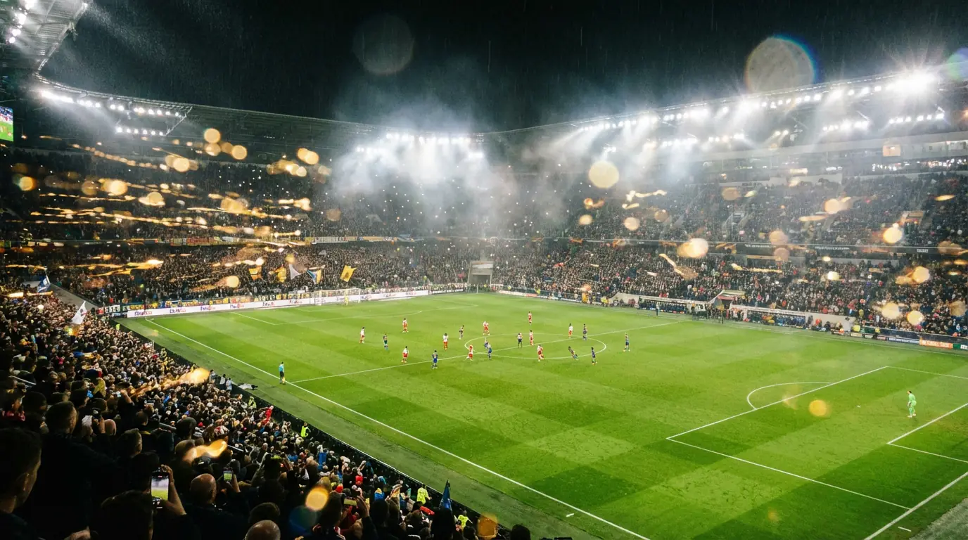 Apuestas en directo en fútbol: estadio iluminado durante un partido nocturno