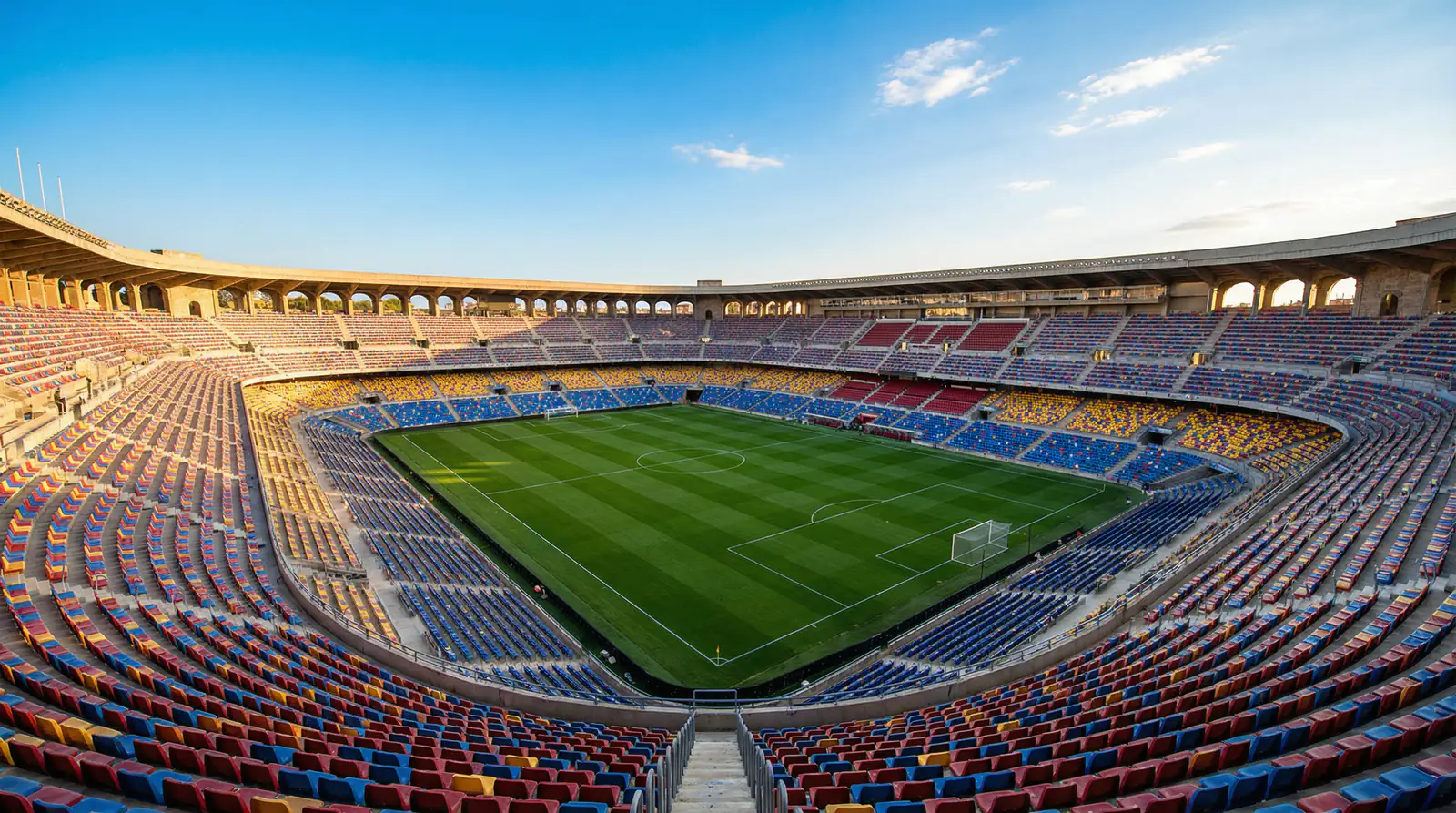 Apuestas en La Liga: vista panorámica de un estadio español con césped verde