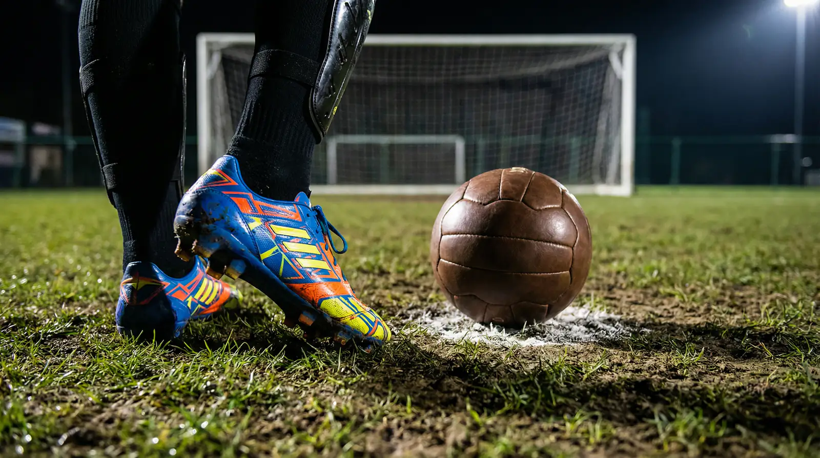 Apuestas a goleadores en fútbol: botas de fútbol junto al balón en el área