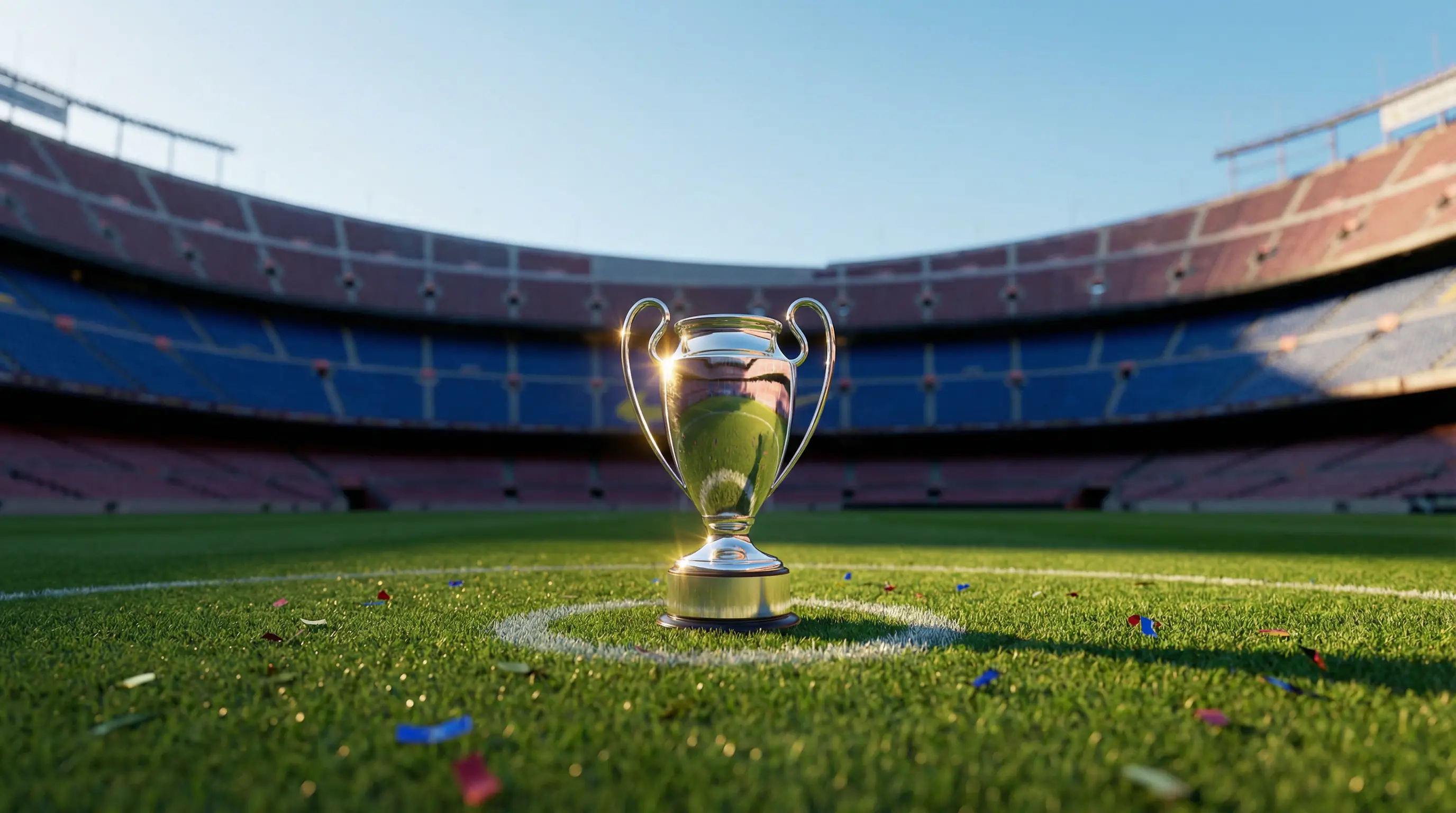 Apuestas a largo plazo en fútbol: trofeo de liga sobre césped de un estadio