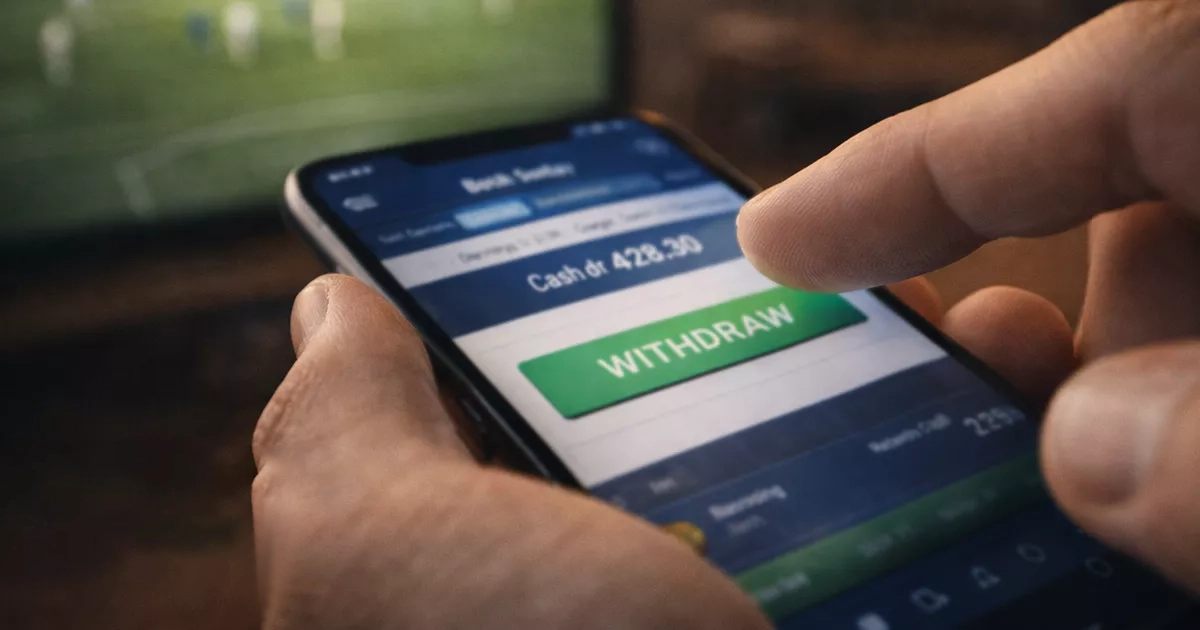 Cashout en apuestas: dedo sobre un botón verde en una pantalla de móvil