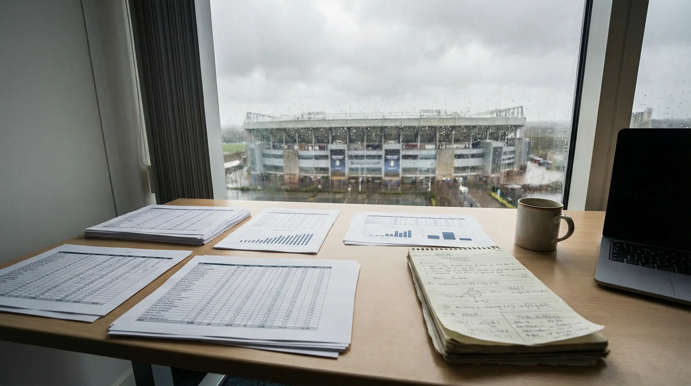 Analizar un partido de fútbol: escritorio con estadísticas impresas y un campo de fútbol de fondo