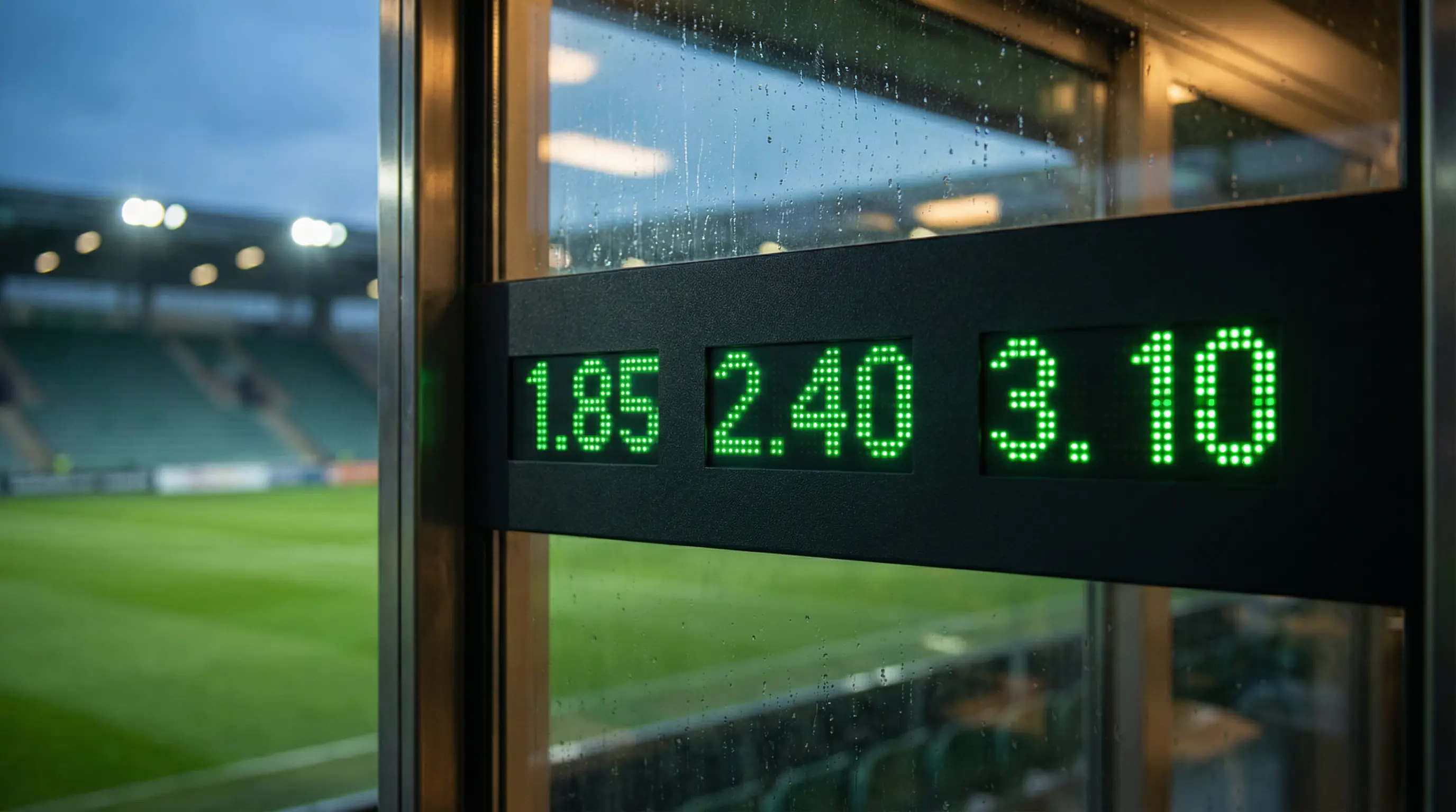 Cuotas decimales en apuestas: pantalla con números de cuotas sobre un campo de fútbol