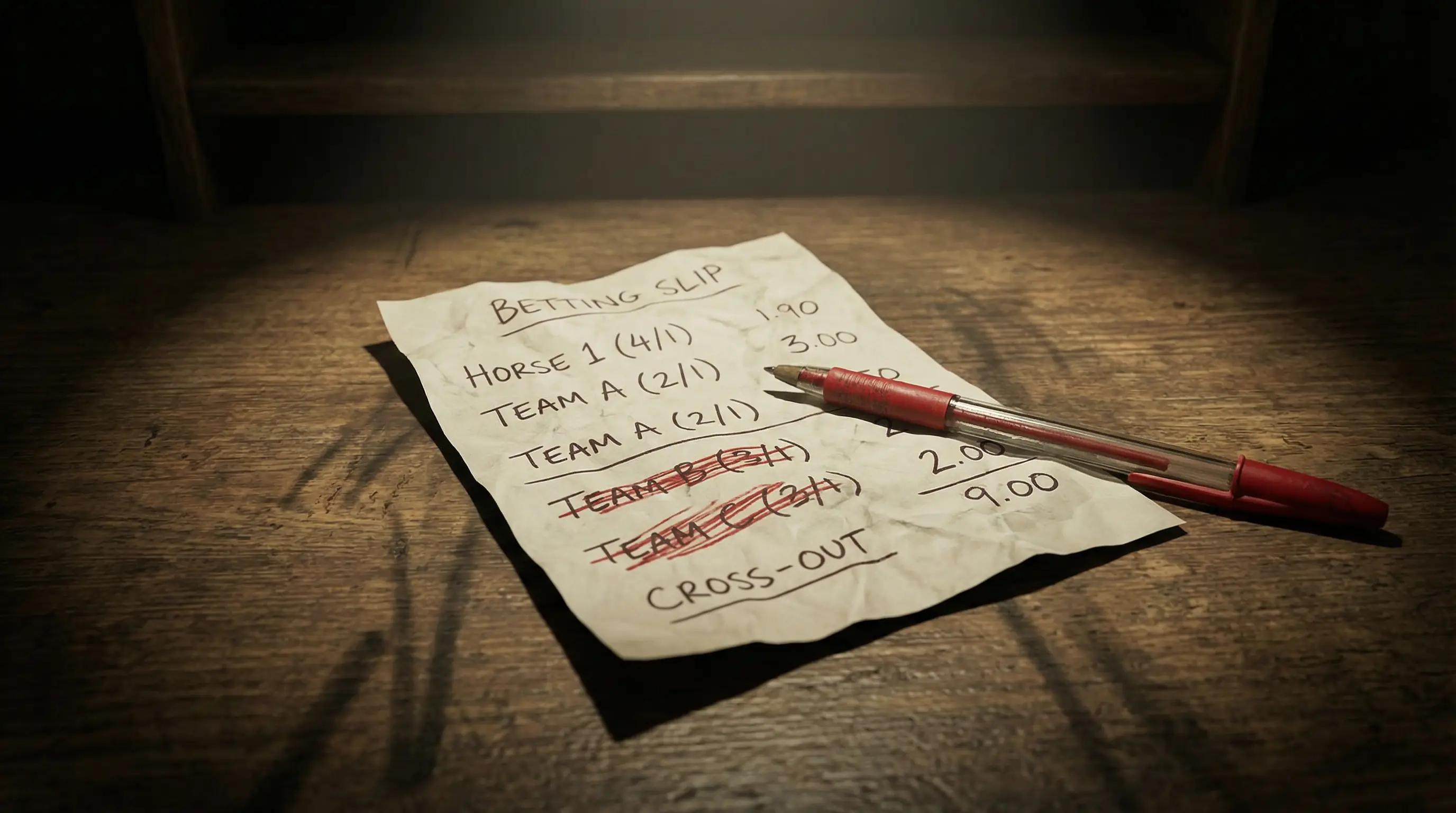 Errores en apuestas de fútbol: boleto de apuestas tachado con un bolígrafo rojo