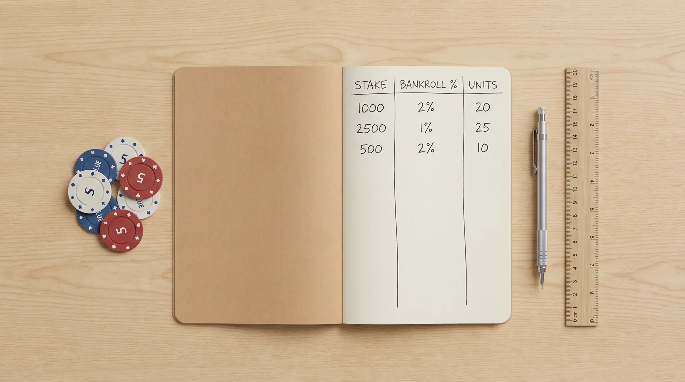 Gestión del stake en apuestas: libreta con columnas de números y un bolígrafo