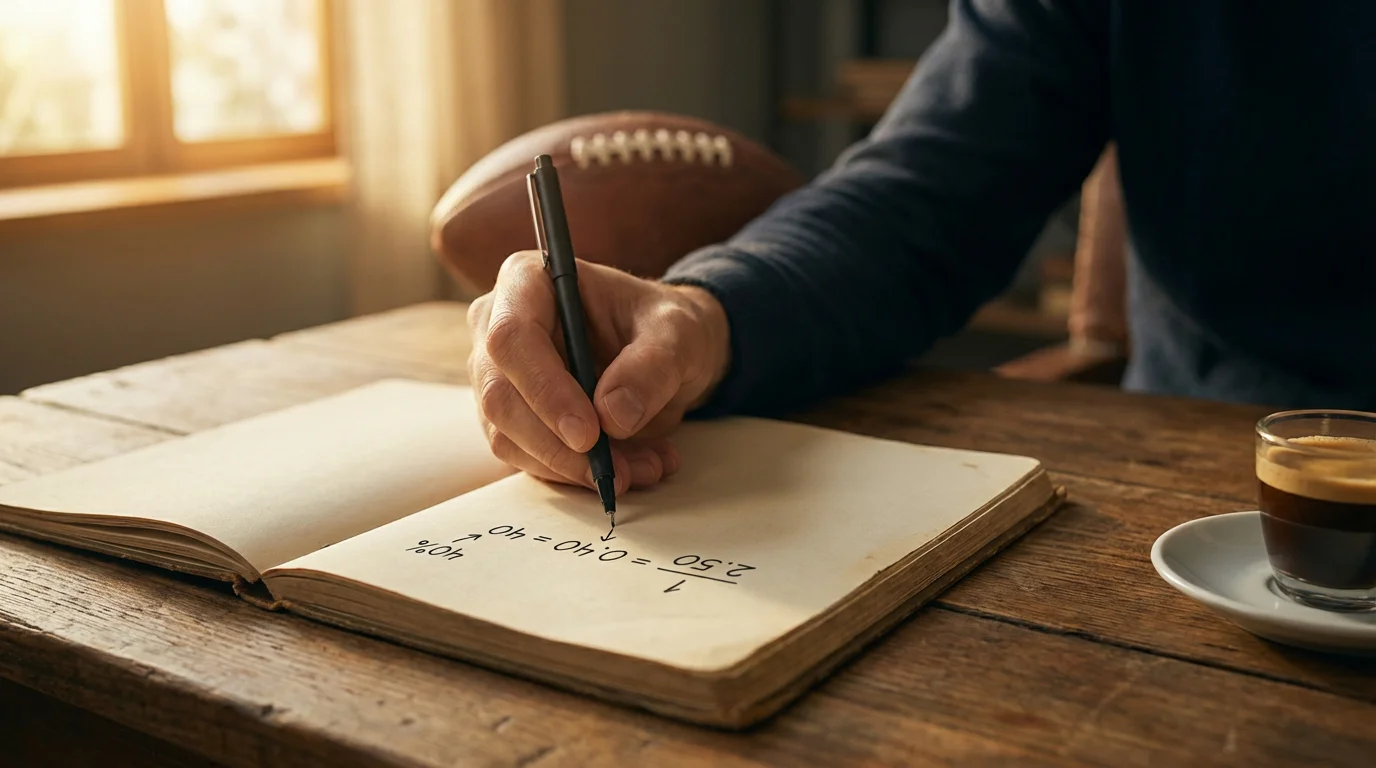 Probabilidad implícita en apuestas: mano escribiendo fórmulas en una libreta junto a un campo de fútbol