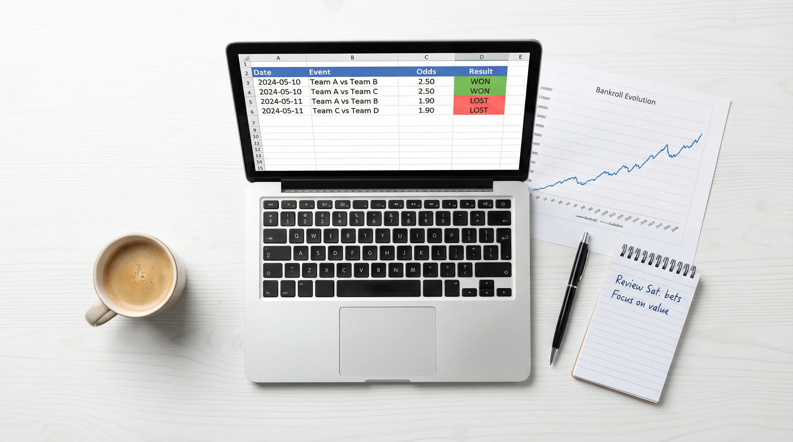 Registro de apuestas: hoja de cálculo abierta con columnas de datos de apuestas