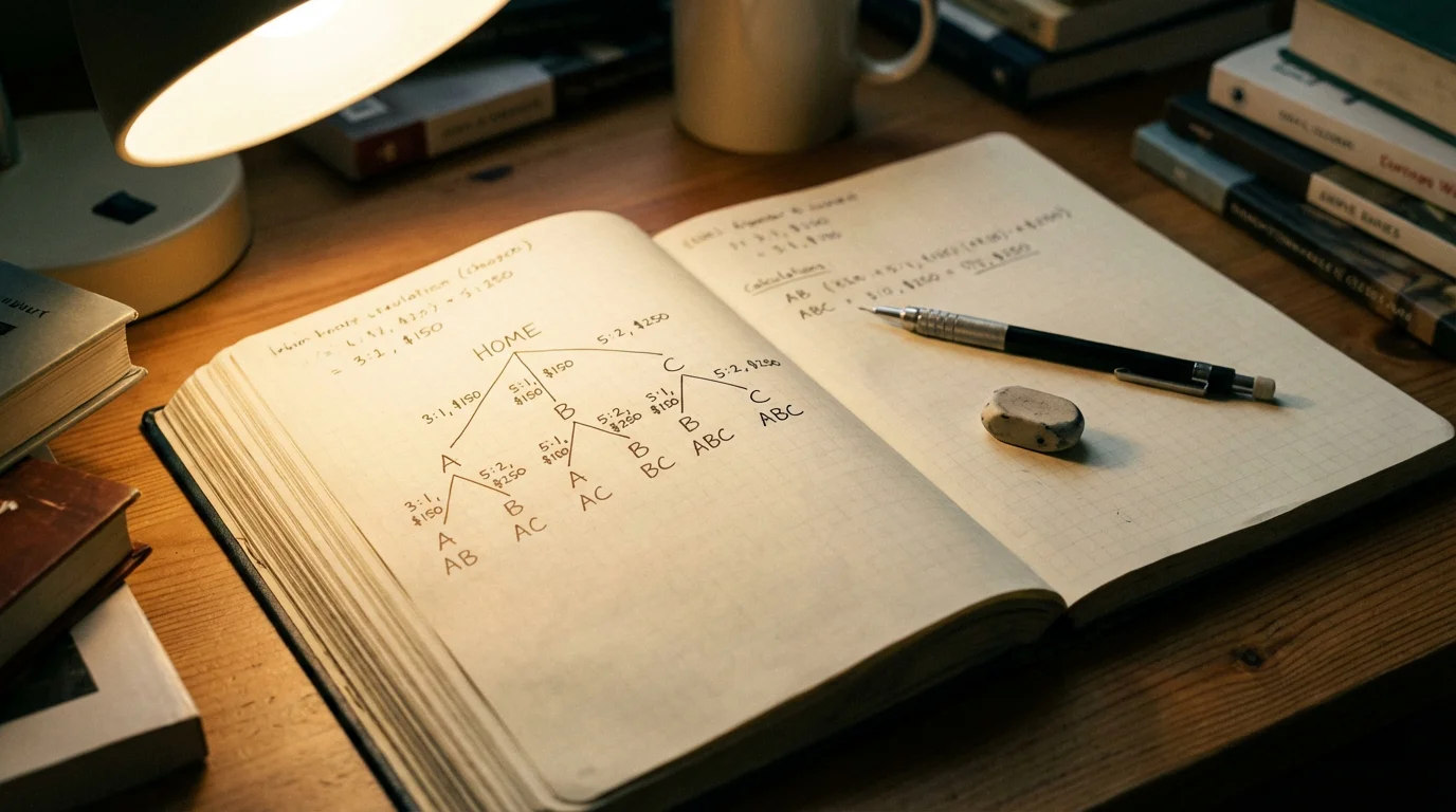 Sistemas de apuestas: cuaderno con cálculos de combinaciones de apuestas